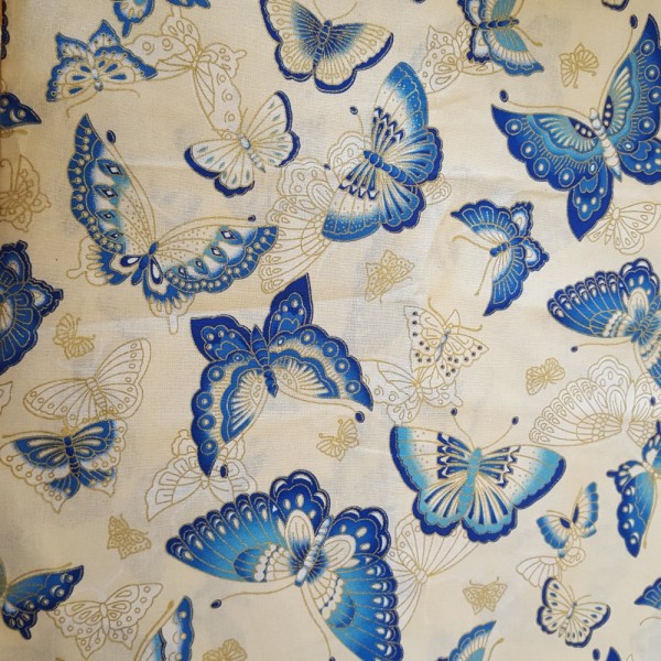 Coupon tissu japonais - papillon - doré et bleu fond creme - coton – 55x50cm - Photo n°1