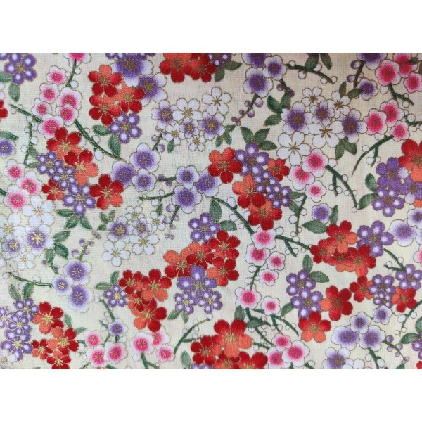 Coupon tissu japonais - fleurs de sakura mauve / rouge / rose - coton – 50x50cm - Photo n°1