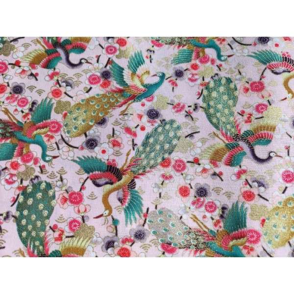 Coupon tissu japonais - paon mauve / vert et fleurs de sakura rose - coton – 54x50cm - Photo n°1