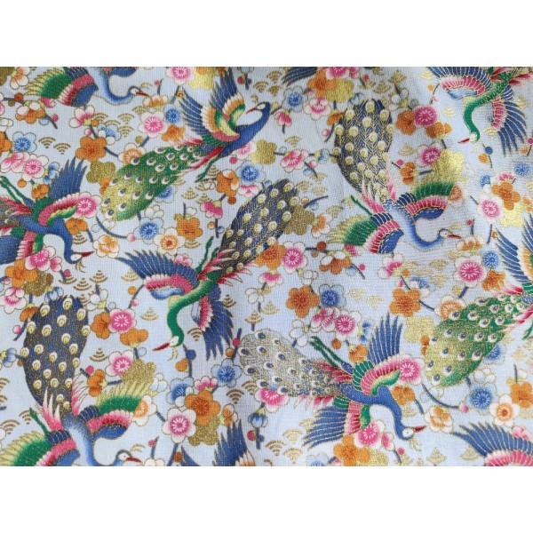 Coupon tissu japonais - paon bleu / vert et fleurs de sakura orange - coton – 57x50cm - Photo n°1