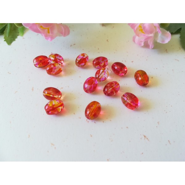 Perles en verre ovale 9 x 6 mm taches rose orange x 20 - Photo n°1