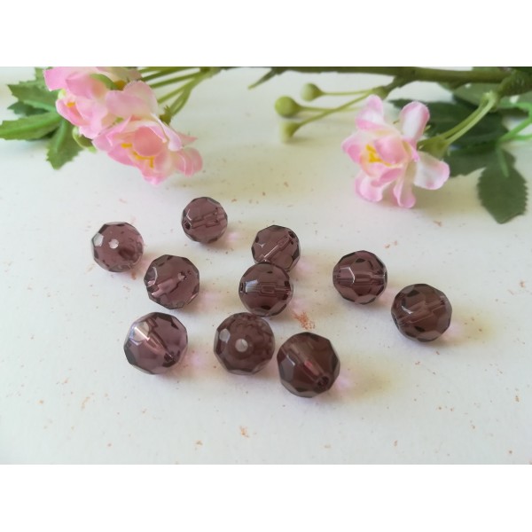 Perles en verre 10 mm ronde à facette prune x 10 - Photo n°1