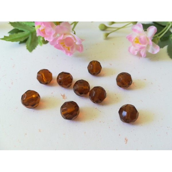 Perles en verre 10 mm ronde à facette marron x 10 - Photo n°1