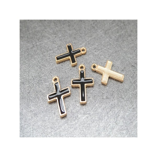 4 Breloques Croix doré et émail Noir - Photo n°1