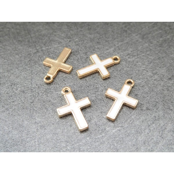 4 Breloques Croix doré et émail blanc - Photo n°1