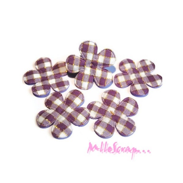 Appliques fleurs tissu carreaux violet - 10 pièces - Photo n°1