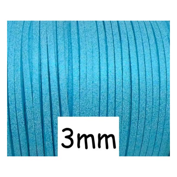 2m Cordon Daim Synthétique, Suédine Bleu Turquoise Pailleté 3mm - Photo n°1