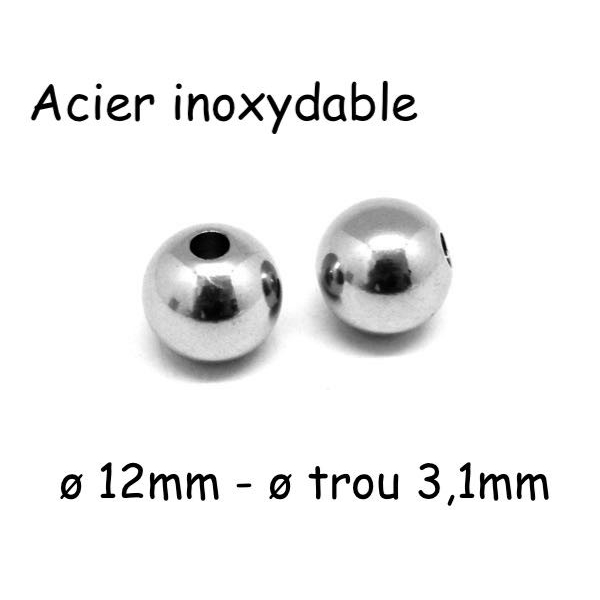 4 Perles Ronde 12mm En Acier Inoxydable Argenté - Photo n°1