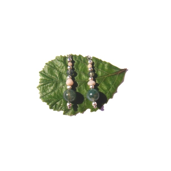 Agate Mousse et Opale Rose : Paire de pendentifs 2.8 CM de hauteur x 8 MM - Photo n°2