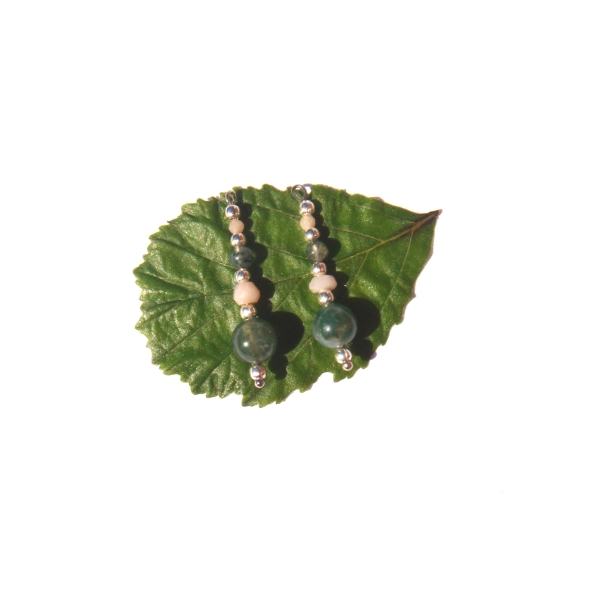 Agate Mousse et Opale Rose : Paire de pendentifs 2.8 CM de hauteur x 8 MM - Photo n°1