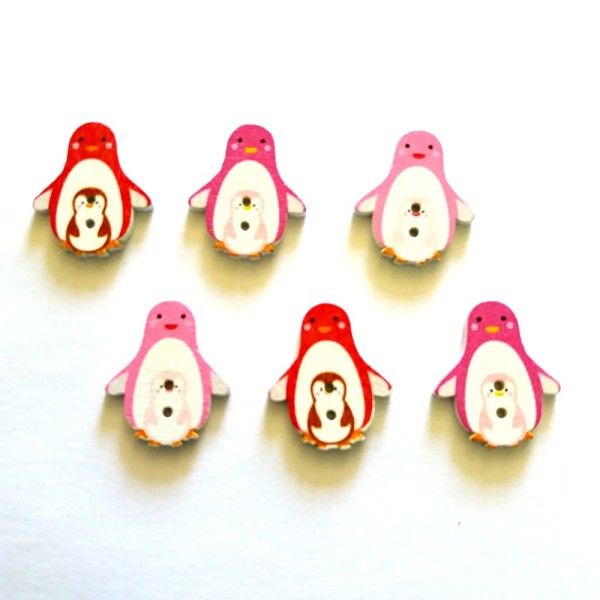 6 Boutons pingouin rose / mauve / rouge – 23x28mm – bri435 n5 - Photo n°1