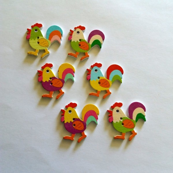 6 Boutons coq multicolore – 30x30mm – bri436 n6 - Photo n°1