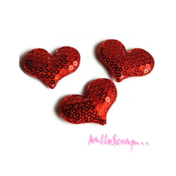Appliques cœurs tissu sequins rouge - 5 pièces - Photo n°1
