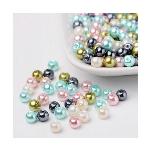 Perles ronde en verre nacré en mélange coloris assortis 6 mm BLEU ROSE VERT ECRU - Photo n°1
