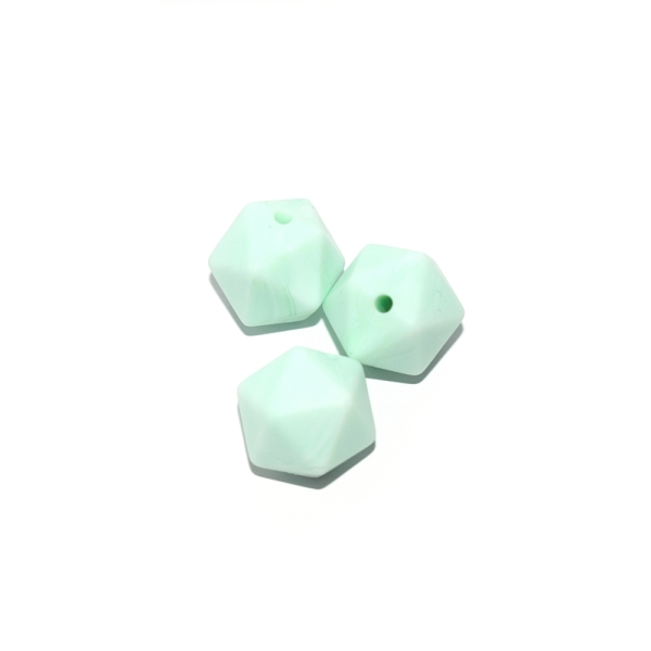 Perle hexagonale 14 mm silicone blanc marbré vert menthe - Photo n°1