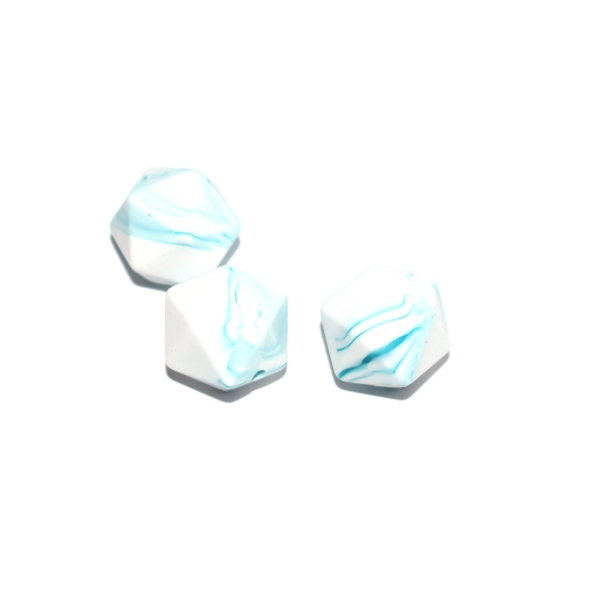 Perle hexagonale 14 mm silicone blanc marbré bleu - Photo n°1