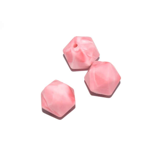 Perle hexagonale 14 mm silicone rose marbré blanc - Photo n°1