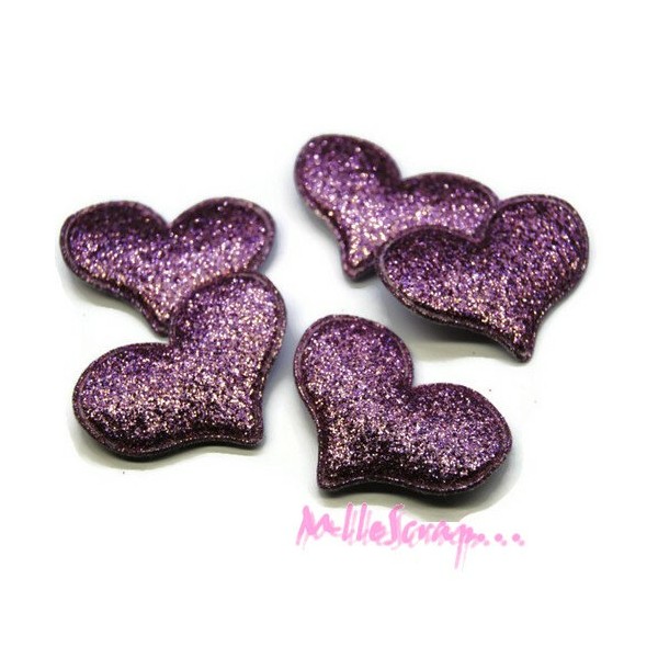 Appliques cœurs tissu brillant violet - 5 pièces - Photo n°1