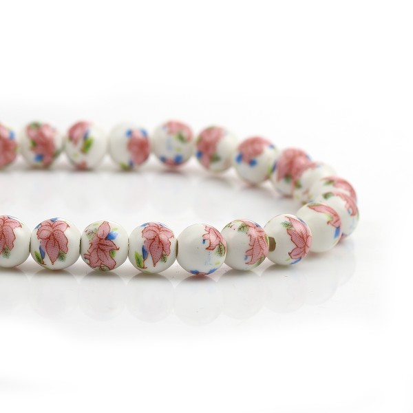 Perles en céramique ronde 9 mm blanche et rose x 10 - Photo n°2