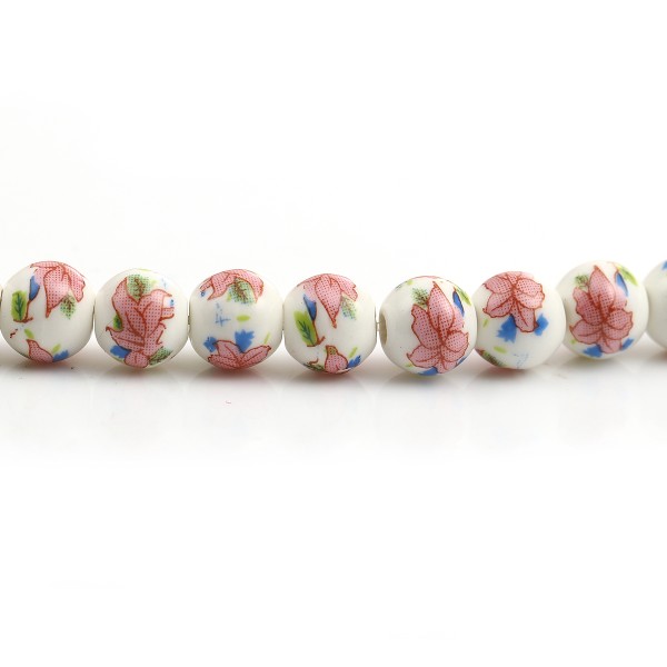 Perles en céramique ronde 9 mm blanche et rose x 10 - Photo n°3