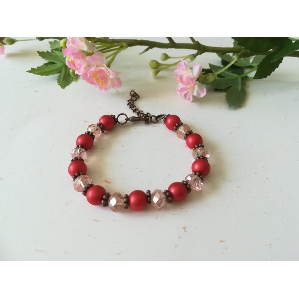 Kit bracelet perles en verre rouge et à facette rose - Photo n°1