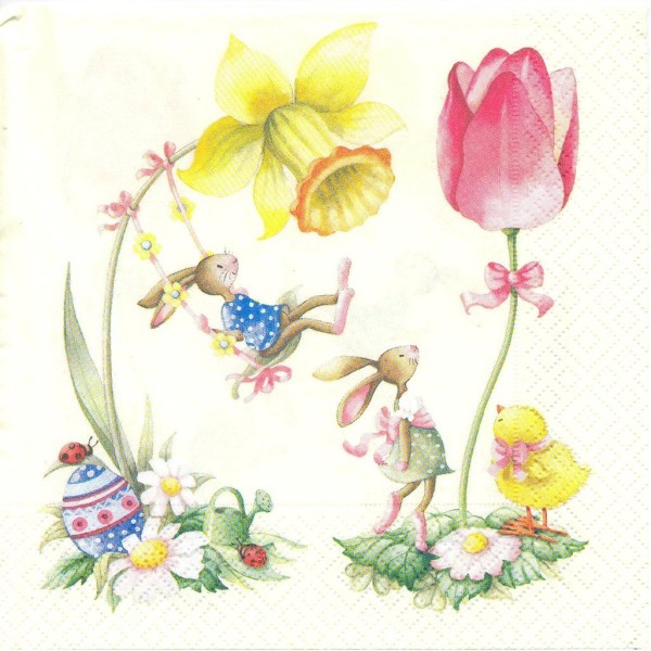 4 Serviettes en papier Lapin Printemps Tulipe Pâques Format Lunch Decoupage LN0819 Colourful Life - Photo n°1