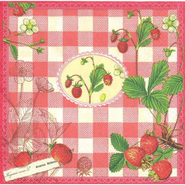 4 Serviettes en papier Fraises des Bois Vichy Format Lunch Decoupage 21646 Paper+Design - Photo n°1