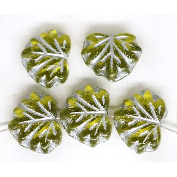 12pcs Cristal d'Olivine feu Vert de l'Argent de Lavage de la Feuille d'Érable à Plat Sculpté tchèque - Photo n°2