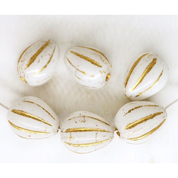8pcs Blanc Albâtre Opale en Or Patine Laver à Rayures en forme de Larme de Fruits tchèque Perles de - Photo n°2