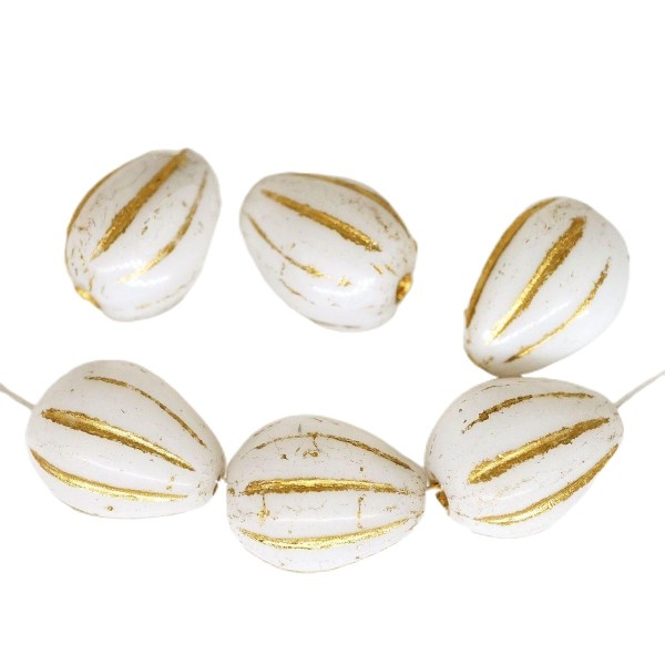 8pcs Blanc Albâtre Opale en Or Patine Laver à Rayures en forme de Larme de Fruits tchèque Perles de - Photo n°1