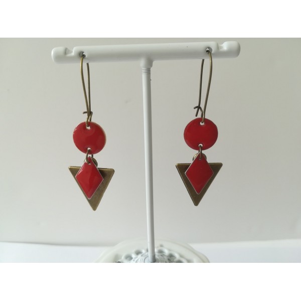 Kit de boucles d'oreilles pendentif triangle bronze et sequins émail rouge - Photo n°2