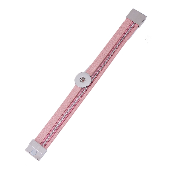 Bracelet cordon plat simili cuir rose et strass à customiser avec bouton pression - Photo n°2