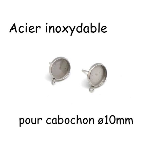 4 Supports Boucles D'oreilles Pour Cabochon De 10mm En Acier Inoxydable - Photo n°1