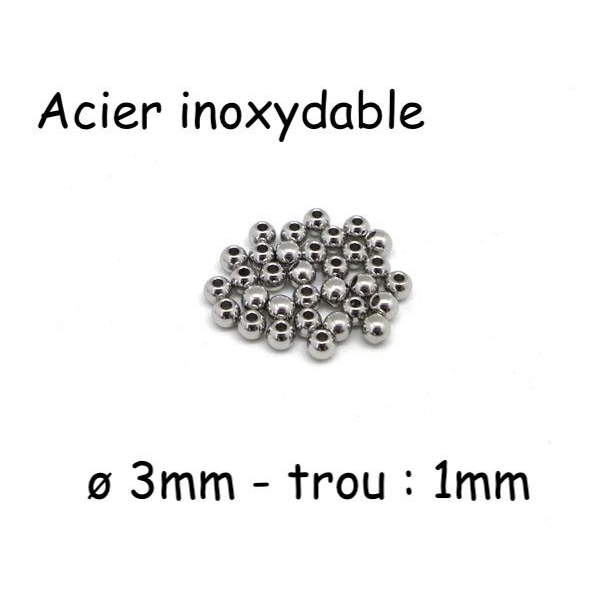 R-30 Perles 3mm Ronde En Acier Inoxydable Argenté Pour Cordon 1mm, Perle Intercalaire - Photo n°1