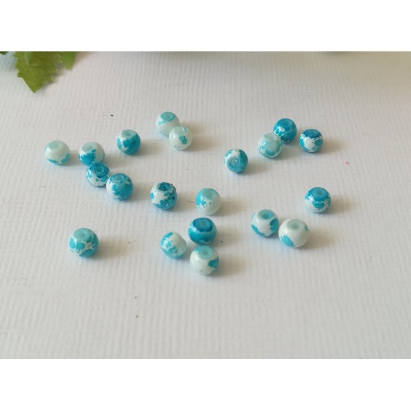Perles en verre 4 mm blanches taches bleues  x 50 - Photo n°3