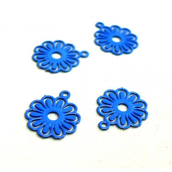 AE113414 Lot de 10 Estampes pendentif filigrane Petites Fleurs 10mm métal couleur Bleu - Photo n°2