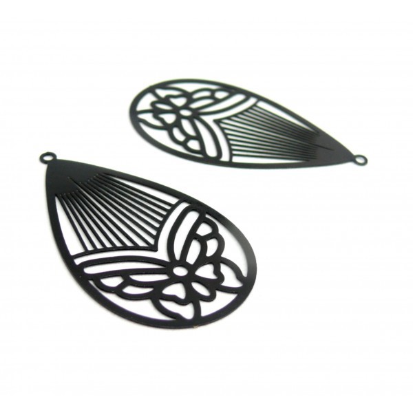 AE116003 Lot de 4 Estampes pendentif filigrane Papillon Medaillon Goutte 45mm métal couleur Noir - Photo n°2