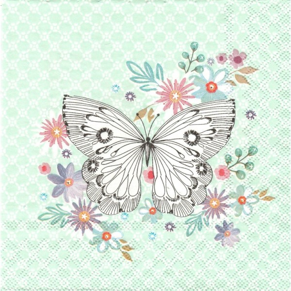 4 Serviettes en papier Papillon Fleurs Format Lunch Decoupage Decopatch 2572-7143-49 Stewo - Photo n°1