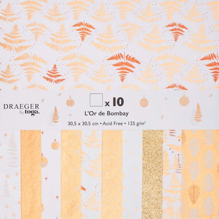 Papier Scrapbooking Toga - Motifs blancs et dorés - 30,5 x 30,5 cm - 10 pcs
