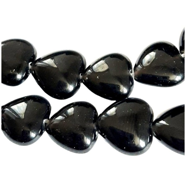 Fil de 40 perles coeurs en agate noire 10 mm de diamètre - Photo n°1
