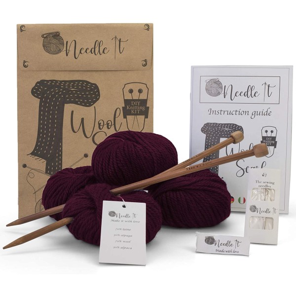 Needle It –Kit Tricot pour débutant Complet avec Aiguilles à Tricot – Écharpe en Laine - Bordeaux - Photo n°1