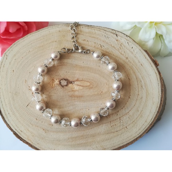 Kit bracelet perles en verre nacré beige et à facette cristal - Photo n°2