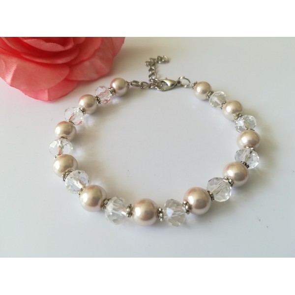 Kit bracelet perles en verre nacré beige et à facette cristal - Photo n°1