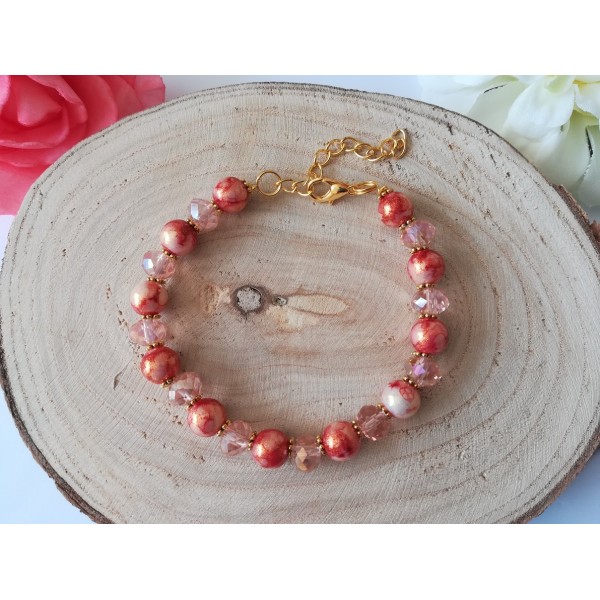 Kit bracelet perles en verre rouge doré et à facette rose pale - Photo n°2
