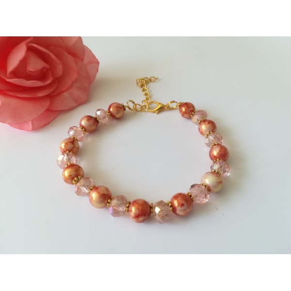 Kit bracelet perles en verre rouge doré et à facette rose pale - Photo n°1