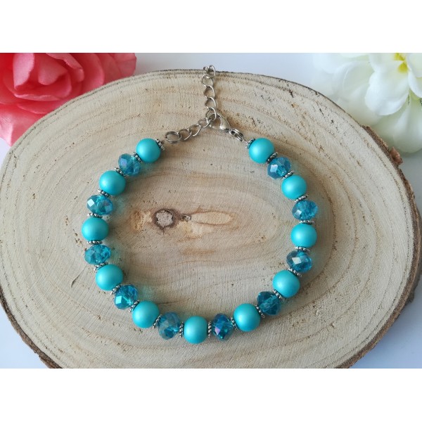 Kit bracelet perles en verre nacré et à facette bleu ciel - Photo n°2