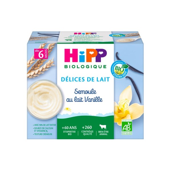 Délices de Lait Semoule au lait Vanille (Dès 6 mois) - Le pack de 4 coupelles -  Hipp Biologique - Photo n°1