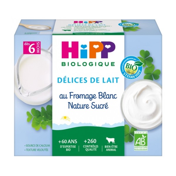 Délices de Lait Fromage Blanc Nature Sucré (Dès 6 mois) - Le pack de 4 coupelles - Hipp Biologique - Photo n°1