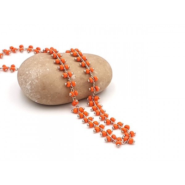 Chaîne Fantaisie Argent Platine Perles De Rocaille Couleur Orange, Au Mètre - Photo n°1
