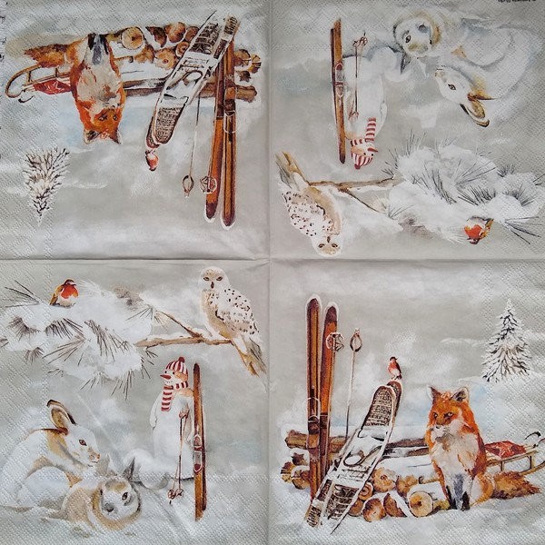 4 serviettes en papier découpage collage 33 cm NOEL NEIGE ANIMAUX - Photo n°2